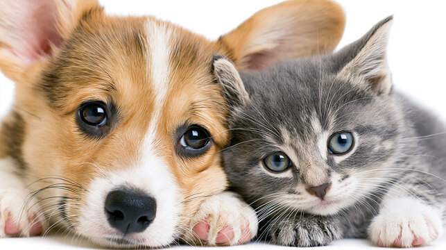 Cute puppy dog and kitten cat resting together against a white background with background