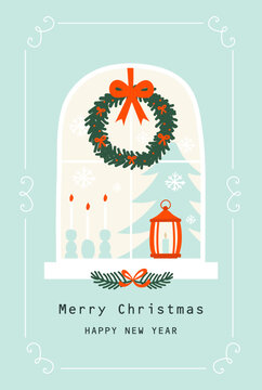 Christmas card with window scene,  wreath and lantern. Vector  Illustration