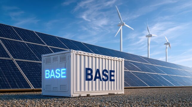 A solar panel farm with wind turbines in the background and a container labeled "BASE" in the foreground under a partly cloudy sky.