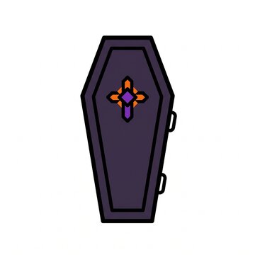 Spooky dark purple Halloween coffin vector illustration featuring a stylized cross design, perfect for spooky holiday themes and decorations.