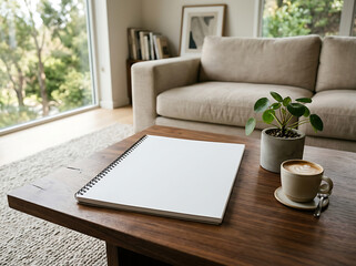 Fototapeta premium A serene living room scene featuring a blank spiral sketchbook resting on a dark wooden coffee table beside a small potted plant and coffee cup.