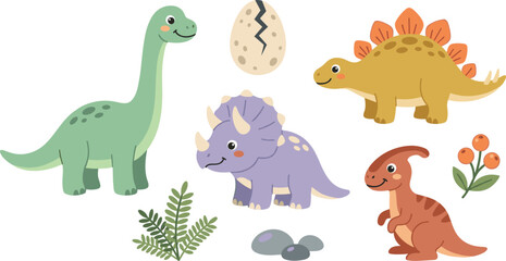 Cute Dinosaur Vector Clipart Set Featuring Brachiosaurus Triceratops Stegosaurus Parasaurolophus Cracked Egg and Botanical Elements for Nursery Wallpaper Designs © SARIFA