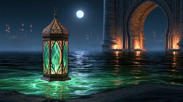 Mystical Ramadan lantern glows on water under moonlit sky with ancient architecture