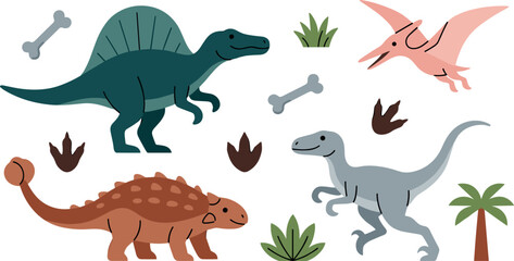 Cute Prehistoric Dinosaur Vector Set Featuring Spinosaurus Pterodactyl Ankylosaurus Raptor Bones Footprints and Palm Tree Elements for Kids Textile Designs © SARIFA