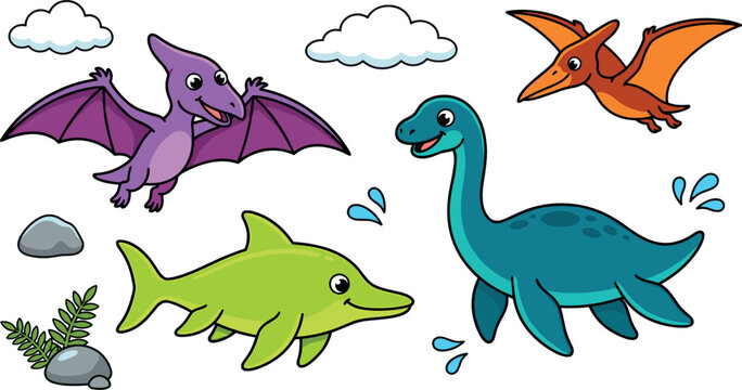 Cute Flying and Marine Dinosaur Vector Clipart Set Featuring Pterodactyl Plesiosaurus Ichthyosaurus Clouds and Water Splash Elements for Kids Nursery Designs