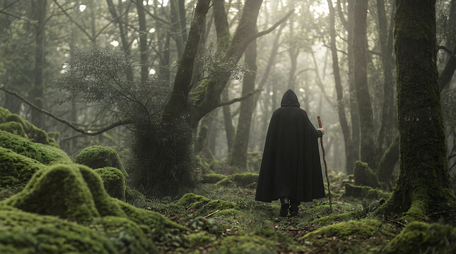 Mysterious figure wandering through woods wearing black cape carrying stick exploring nature representing solitude adventure and fantasy Wandering trough woods with black cape carrying stick walking