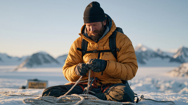 Glacier guide working alone in a desolate snow-scarred landscape repurposes old rope offcuts into emergency anchor markers, a weathered safety sign half-buried in ice on the wall