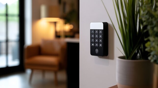 A modern digital keypad lock mounted on a wall beside a potted plant with a softly lit interior background