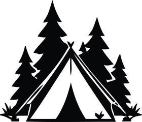 Black silhouette of a tent nestled between coniferous trees against a white background camping evergreen outdoor forest © Md. Hafizul Islam
