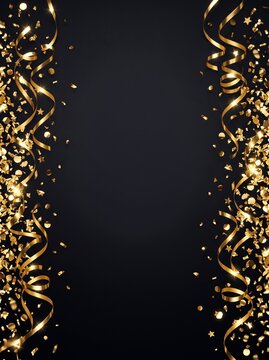 Elegant golden serpentine ribbons and glittering confetti border on dark background with copy space. Ideal for New Year, birthday, and party designs.