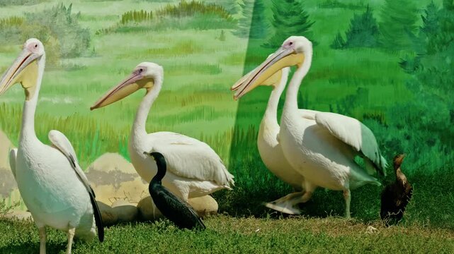 Close-up of great white pelicans with large yellow beaks resting in a zoo aviary behind protective glass.