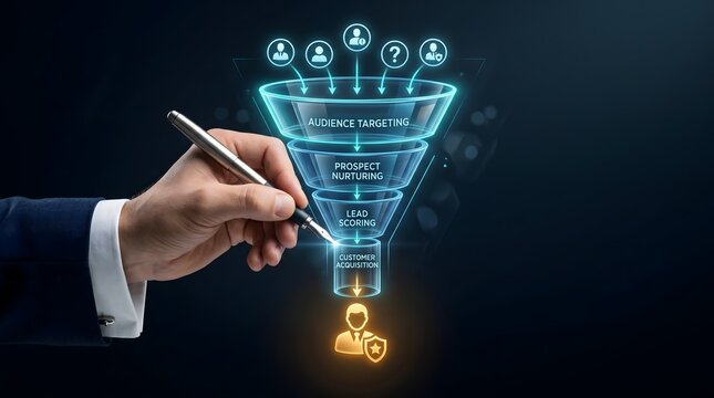 Hand writing on a virtual sales funnel interface with stages audience targeting, prospect nurturing, lead scoring, and customer acquisition