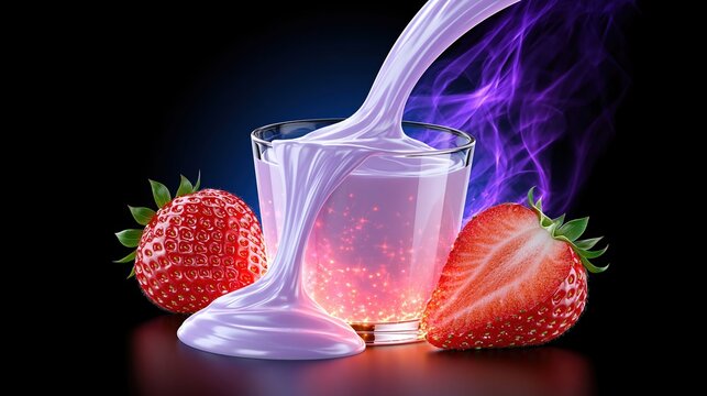 Strawberry Yogurt Pouring into Glass with Swirling Purple Smoke and Sparkles