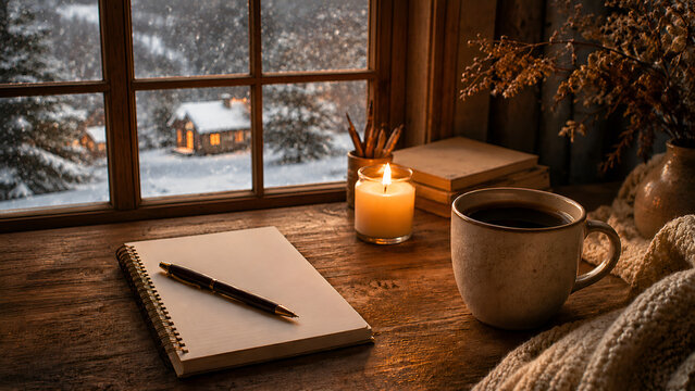 Cozy winter desk scene by window with notepad cup of coffee and candle looking out at snowy landscape