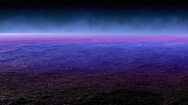 Surreal alien planet landscape with purple ocean under a starry night sky and nebula