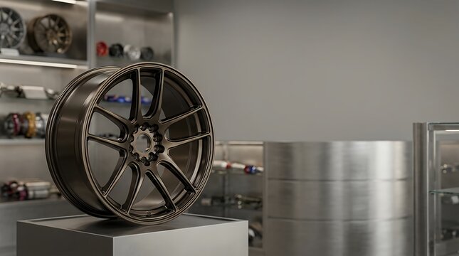 Elegant luxury anodized aluminium alloy car mag wheel displayed in high-performance auto part shop representing automotive customization and premium vehicle accessory elegant luxury anodized