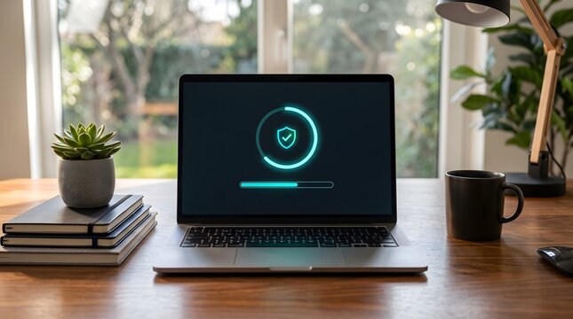 Laptop computer on a wooden desk displaying a glowing security shield and loading progress bar, concept of cybersecurity and antivirus system update