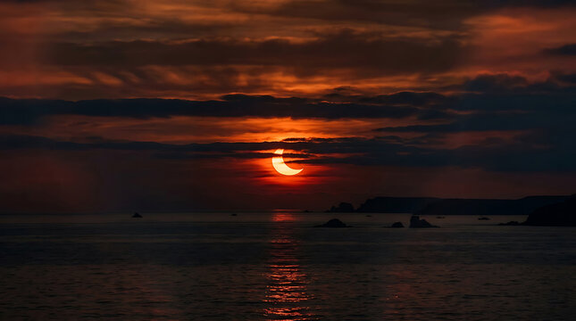 Crescent solar eclipse over sea during a dramatic cloudy sunset evening.