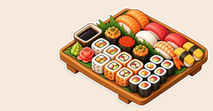 Sushi Platter. Assorted sushi platter with nigiri, maki rolls, salmon, tuna, and wasabi, food sticker illustration

