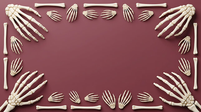 A festive halloween frame made of skeleton hands and bones on a dark red background for holiday designs
