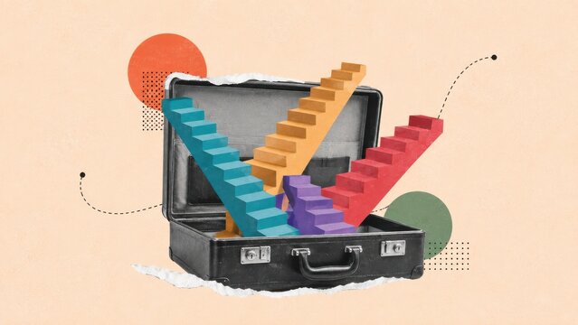 Career progression and business opportunity unpacked. Open briefcase with staircases in differing colours climbing out, professional development and next steps in paper collage