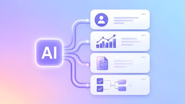 AI icon connecting to multiple business and data management application panels