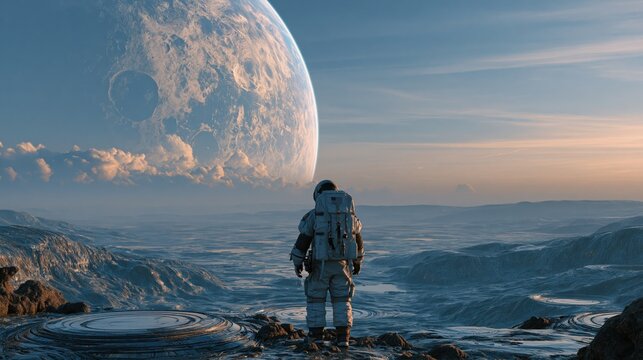 A brave astronaut stands upon a rocky extraterrestrial terrain while gazing at the massive moon rising above a vast horizon during the early morning light within a distant solar system planetary