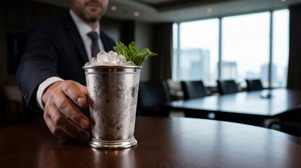 Fototapeta premium Frosted Mint Julep Cup in a Luxury Business Setting