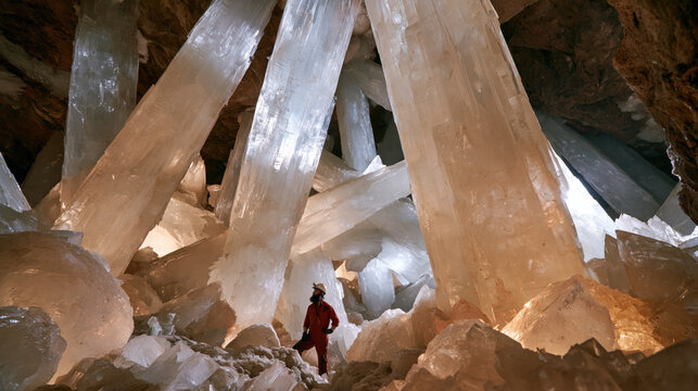 Massive selenite crystal formations in natural underground cave with dramatic lighting and geological wonder