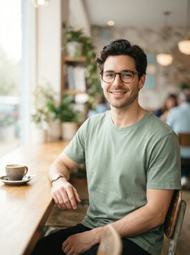 Man in a green shirt seated at a wooden cafe counter beside a bookshelf