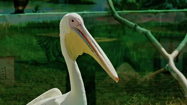 Close-up of great white pelicans with large yellow beaks resting in a zoo aviary behind protective glass.