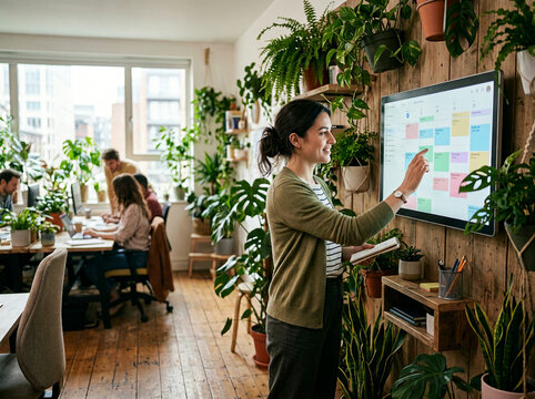 Woman pointing at large screen calendar in plant filled office with coworkers at desks and exposed