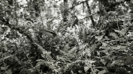 Fototapeta premium Hummingbird reaching a cluster of blossoms above ferns in soft monochrome