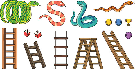 Colorful Snake and Ladder Board Game Illustration Set with Dice, Game Pieces, Wooden Ladders and Cartoon Snakes for Family Entertainment © Md Julfikar