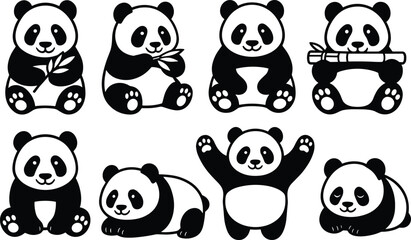 Set of cute cartoon panda bear characters with bamboo isolated on white background, playful baby panda mascot collection for kids design illustration © Moklesur