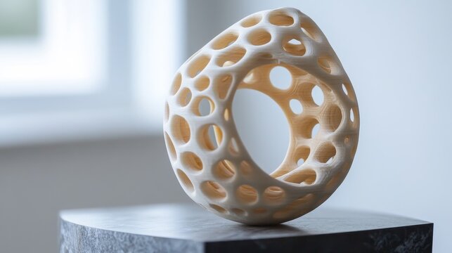 Close-up of a white 3D printed sculpture with organic shapes and honeycomb-like structure, showcasing modern design and manufacturing technology