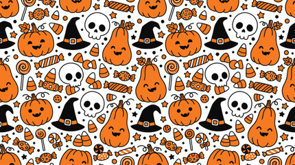 Fototapeta premium Seamless halloween pattern with pumpkins skulls and witch hats background