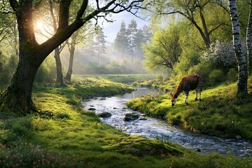 Fototapeta premium Okapi grazing in a mystical forest by the stream during golden morning light