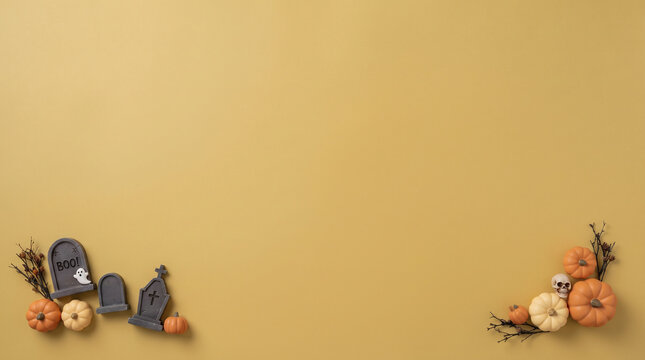 Halloween horizontal background template with realistic style tombstones and orange pumpkin treats arranged in bottom corners over mustard yellow vector layout copy space