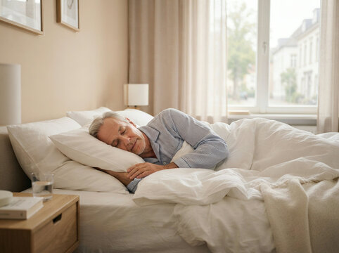 Older man asleep in bed under a soft white linen duvet in a calm bedroom