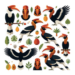 Naklejka premium Rhinoceros hornbill bird collection set in various poses and tropical leaves