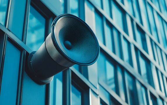 A speaker mounted on a modern building exterior, emphasizing technology and urban communication