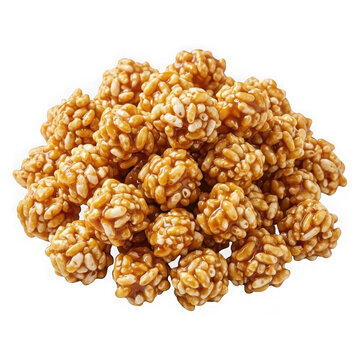 Caramel-Coated Puffed Rice Clusters, a Sweet Snack Treat. Golden Brown Confectionery, Delicious Indulgence