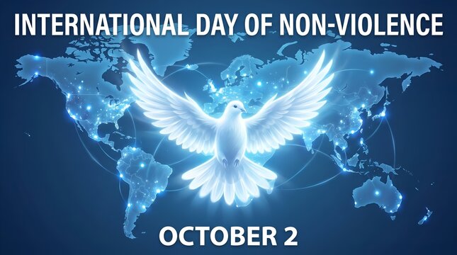 Beautiful white dove flying over glowing world map for international day of nonviolence celebration
