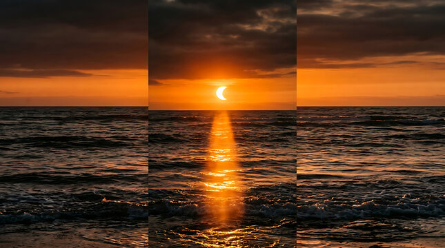Partial solar eclipse over ocean waves with bright orange sky and sun reflection glow.
