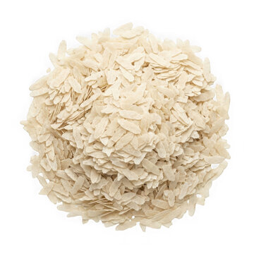 Flattened Rice Flakes Isolated on White Background, a Healthy Breakfast Cereal Ingredient