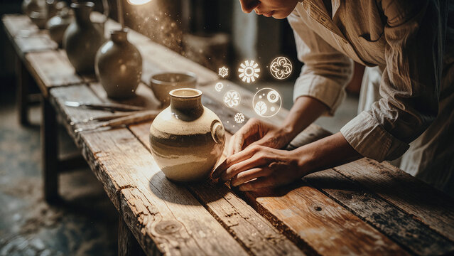 Potter shapes a round ceramic vessel on a rustic wooden workbench using their hands. Warm sunlight illuminates floating glowing icons above the clay material in a dim workshop setting.