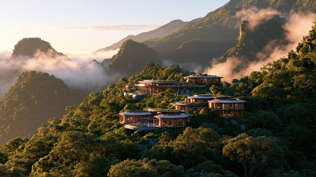 A luxury resort villa complex nestles comfortably within the lush green foliage of tropical mountain peaks while golden sunlight illuminates rolling misty valleys during a peaceful morning