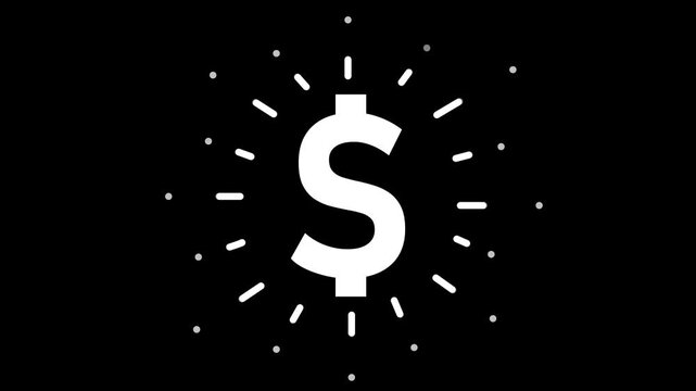 Animated black icon of dollar. Radiance from rays around symbol. Concept of business, money. Flat vector illustration isolated on the white background.
