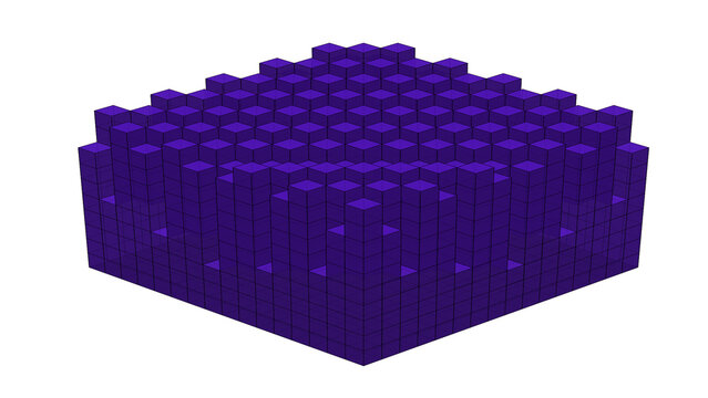 Abstract 3D purple pixelated cube structure isolated on white.